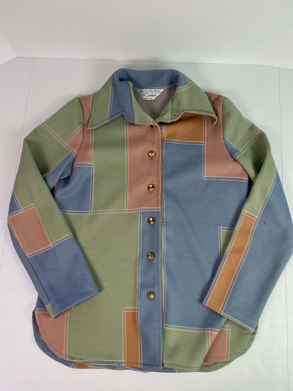 Vintage NPC Fashions Colorblock Geometric Patchwork Knit Button Up Shirt Jacket